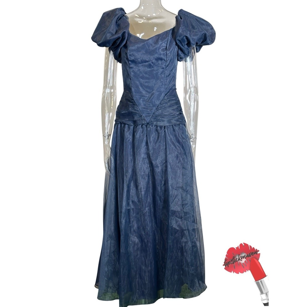 Vintage Taffeta Formal Gown Women 10 60s Navy Blue Puff Sleeves Prom Tea‎ Dress